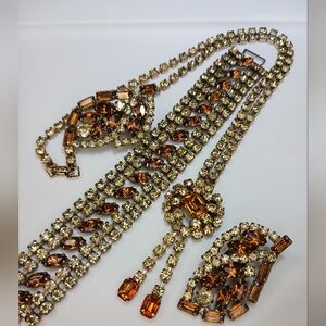 Vintage Golden Honey Amber Tone Rhinestone Tassel Dangle Jewelry Set